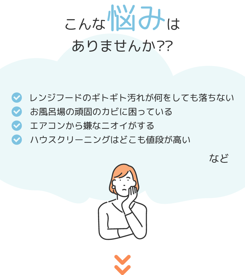 こんな悩みはありませんか？？・レンジフードのギトギト汚れが何をしても落ちない・お風呂場の頑固のカビに困っている・エアコンから嫌なニオイがする・ハウスクリーニングはどこも値段が高い　など